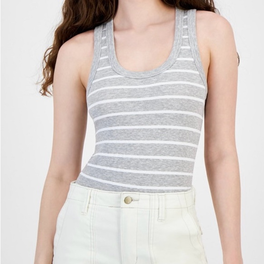 NWT Ultra Flirt Junior’s Scoop Neck Bodysuit Gray Striped